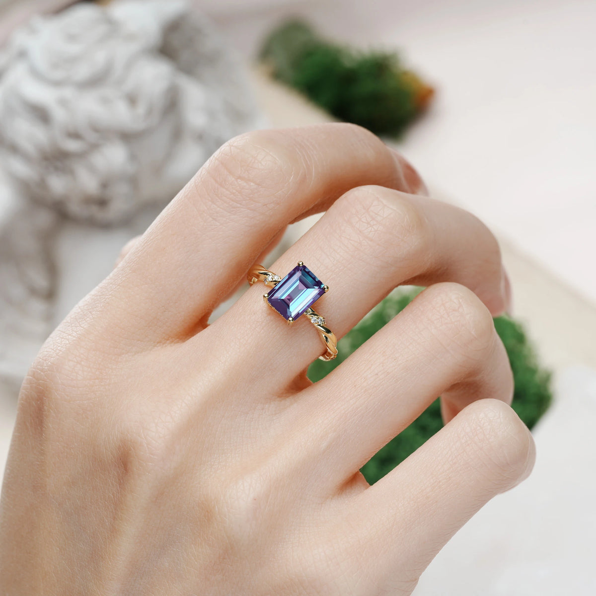 Emerald Cut Alexandrite Classic Luxury Twisted 4-Prong Engagement Ring