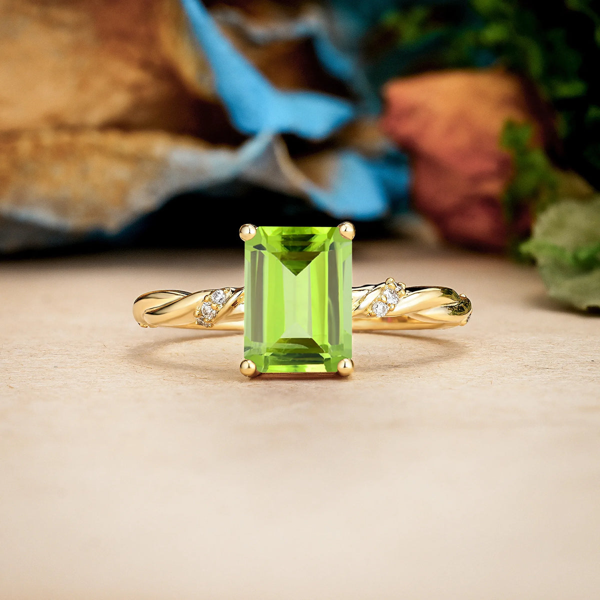 Emerald Cut Peridot Classic Luxury Twisted 4-Prong Engagement Ring