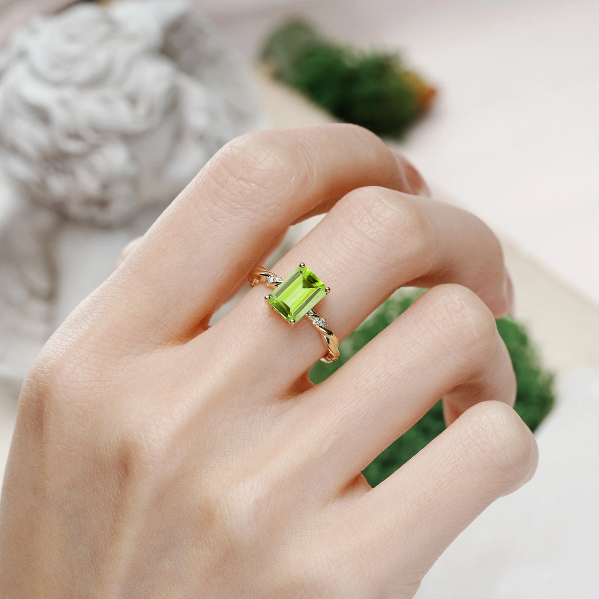 Emerald Cut Peridot Classic Luxury Twisted 4-Prong Engagement Ring