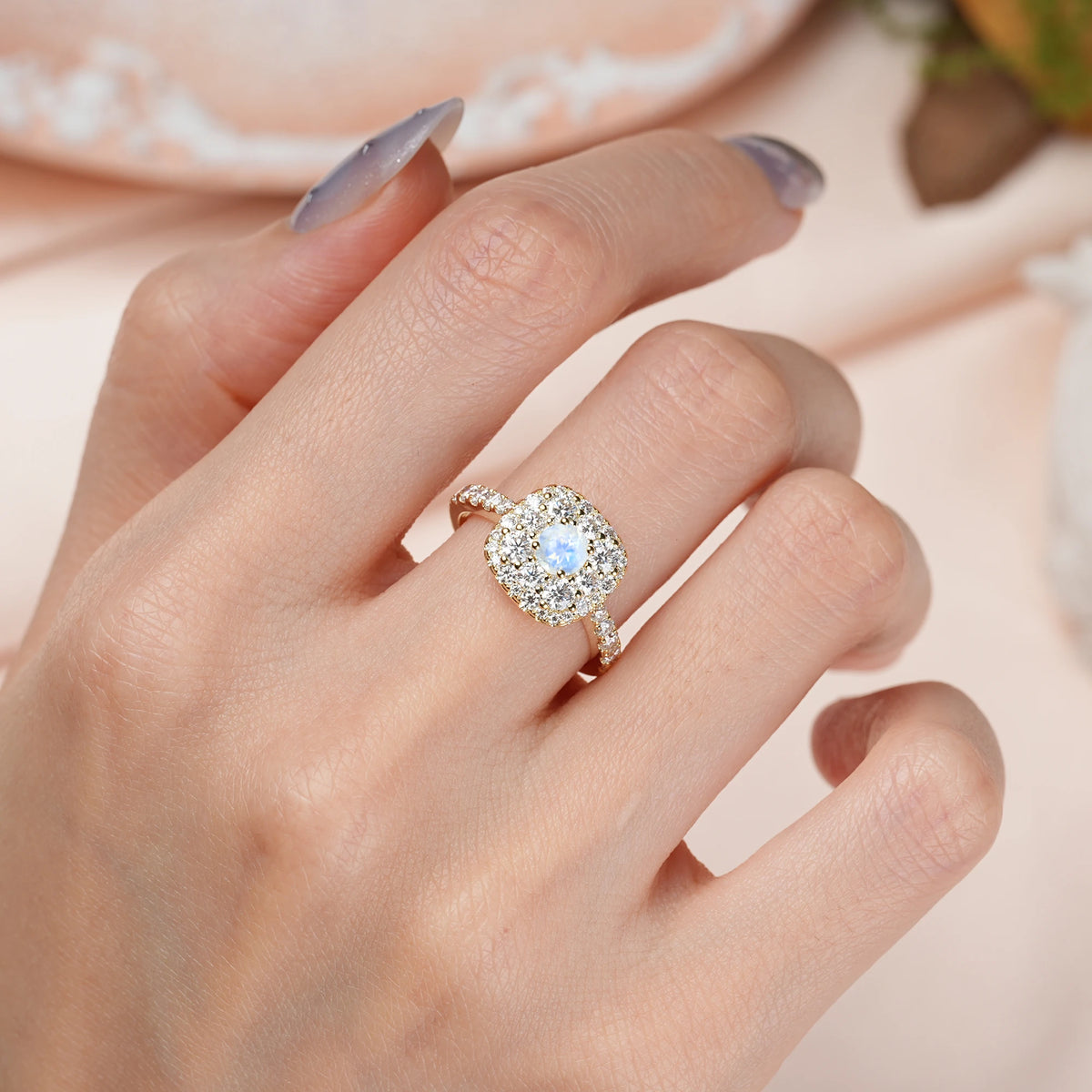 Round Cut Moonstone Luxurious and Unique 4 Prong Engagement Ring