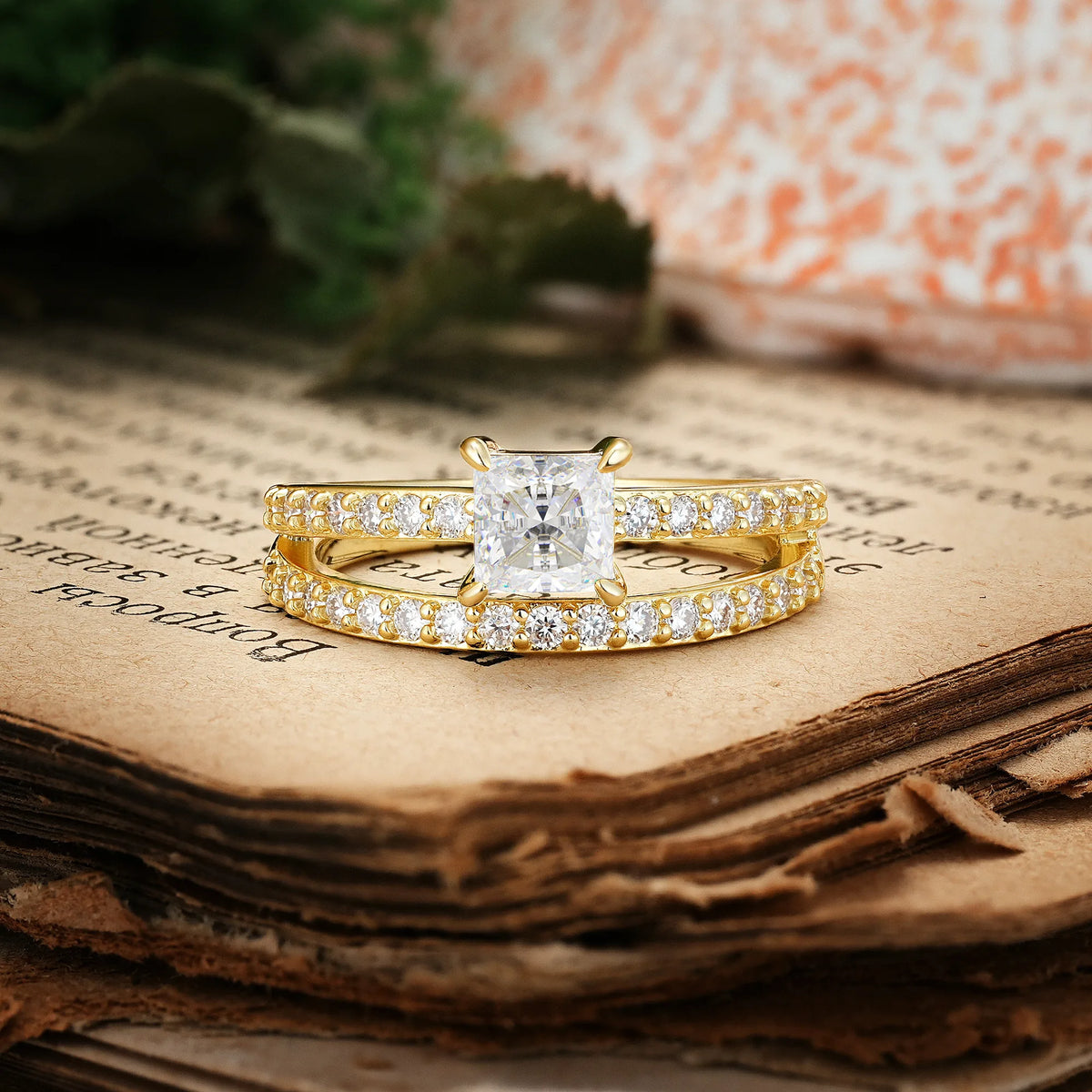 Luxurious Double-Row Diamond, Unique 4-Prong Princess Cut Moissanite Engagement Ring