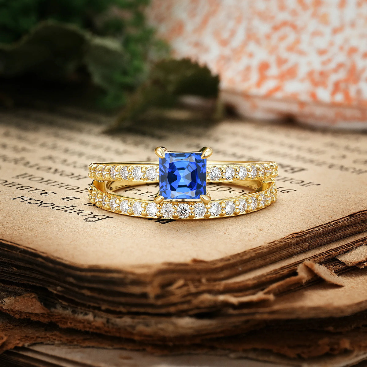 Luxurious Double-Row Diamond, Unique 4-Prong Princess Cut Sapphire Engagement Ring