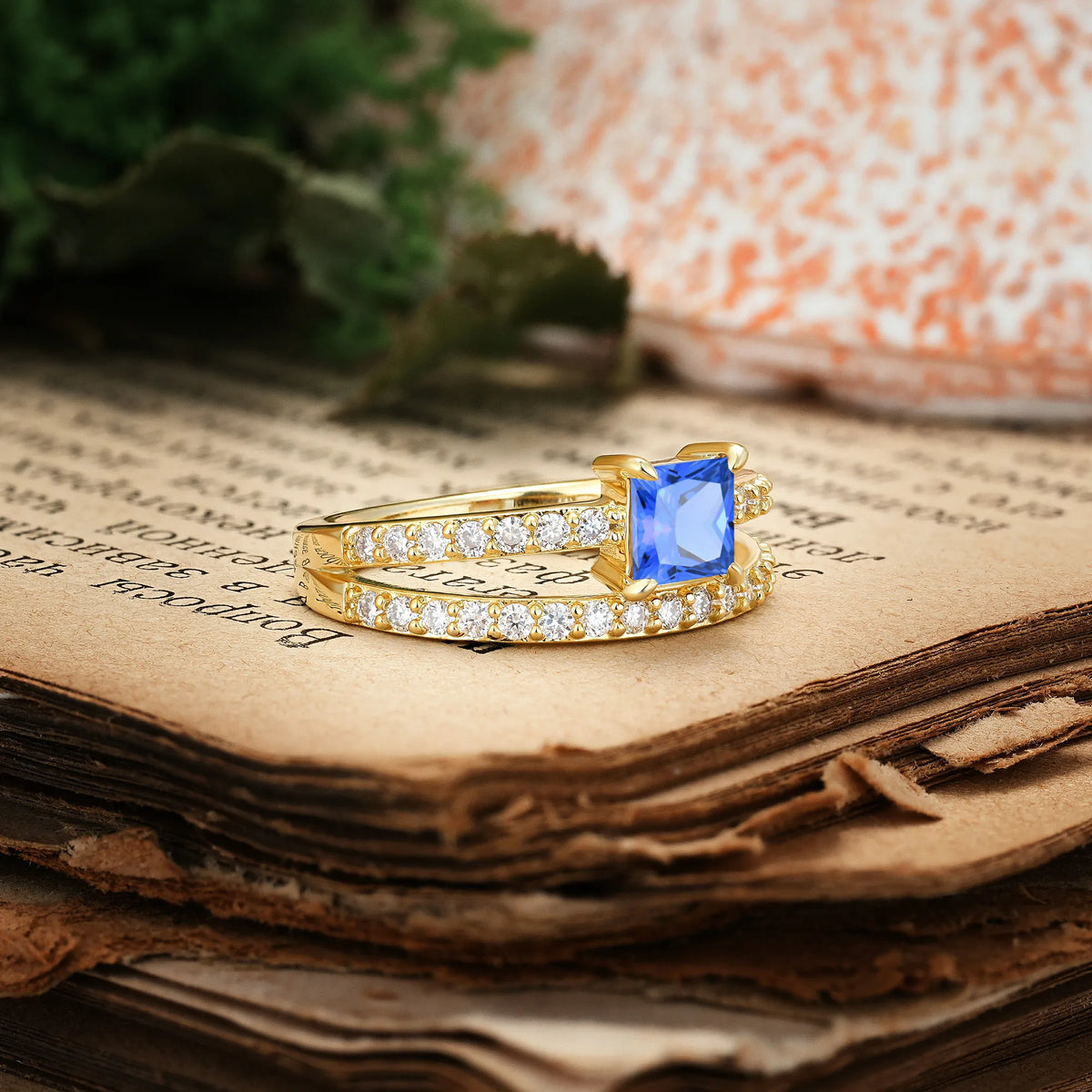Luxurious Double-Row Diamond, Unique 4-Prong Princess Cut Sapphire Engagement Ring