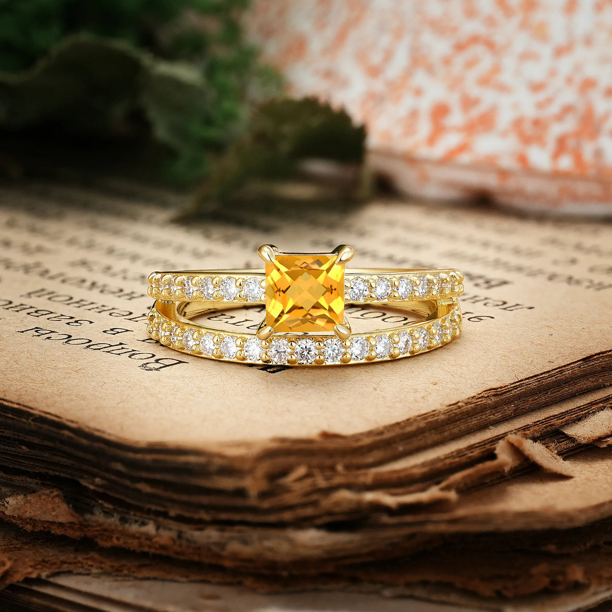 Luxurious Double-Row Diamond, Unique 4-Prong Princess Cut Citrine Engagement Ring