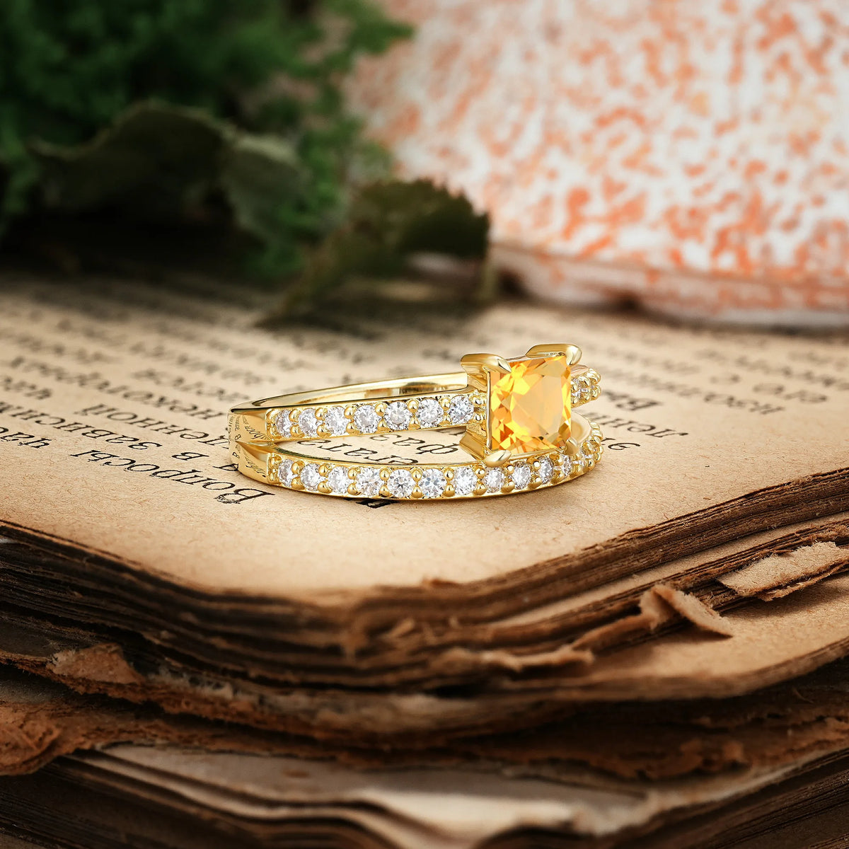 Luxurious Double-Row Diamond, Unique 4-Prong Princess Cut Citrine Engagement Ring