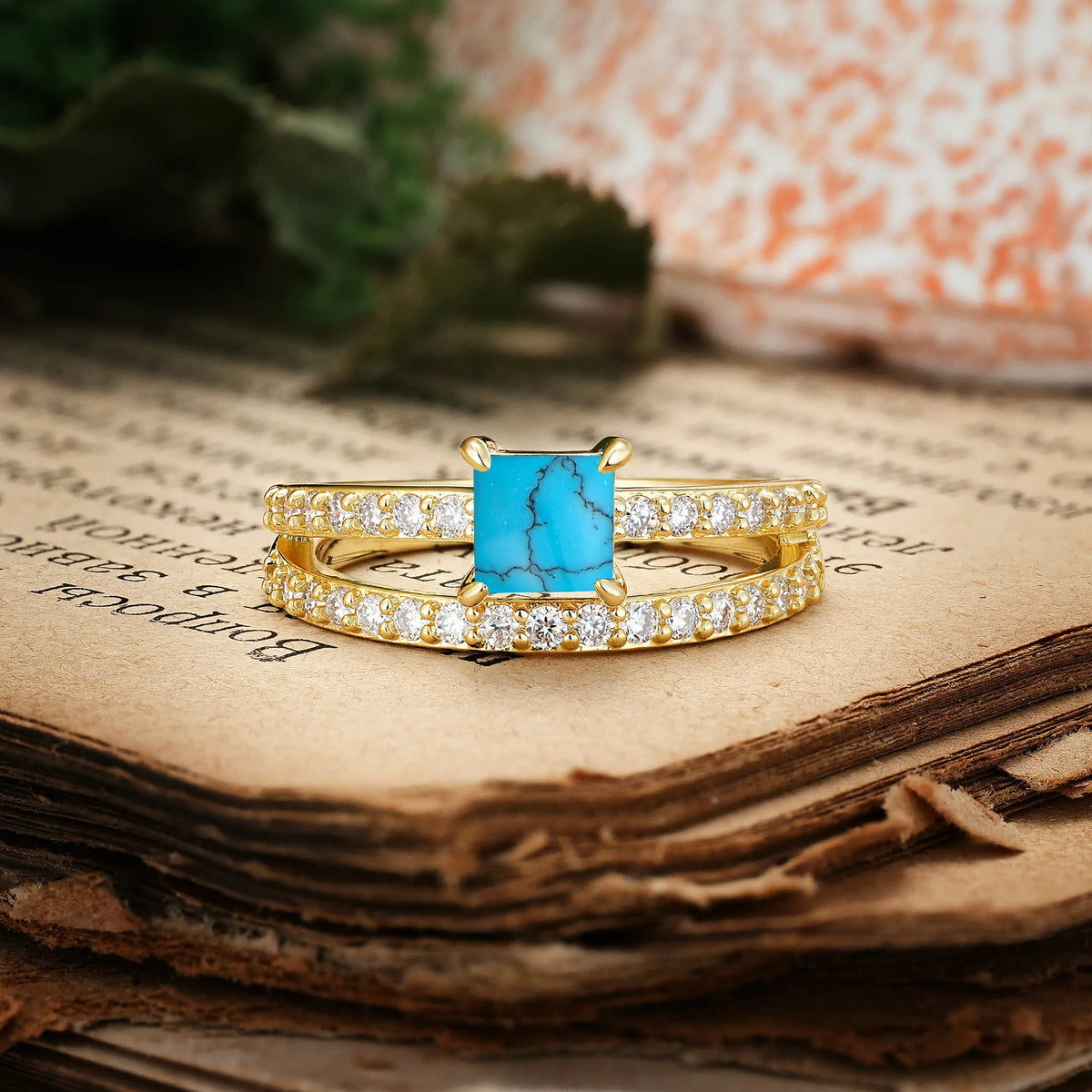 Luxurious Double-Row Diamond, Unique 4-Prong Princess Cut Turquoise Engagement Ring