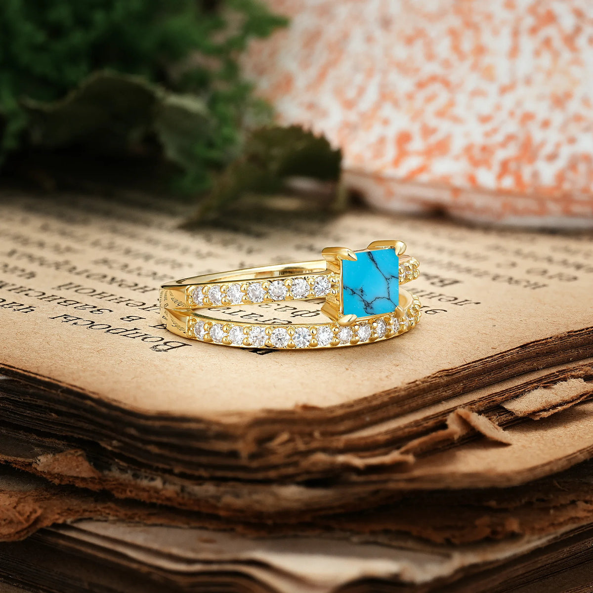 Luxurious Double-Row Diamond, Unique 4-Prong Princess Cut Turquoise Engagement Ring