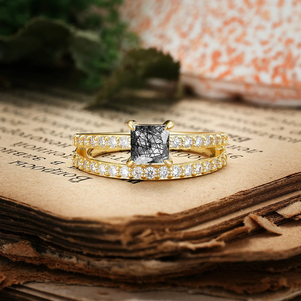 Luxurious Double-Row Diamond, Unique 4-Prong Princess Cut Black Rutilated Quartz Engagement Ring