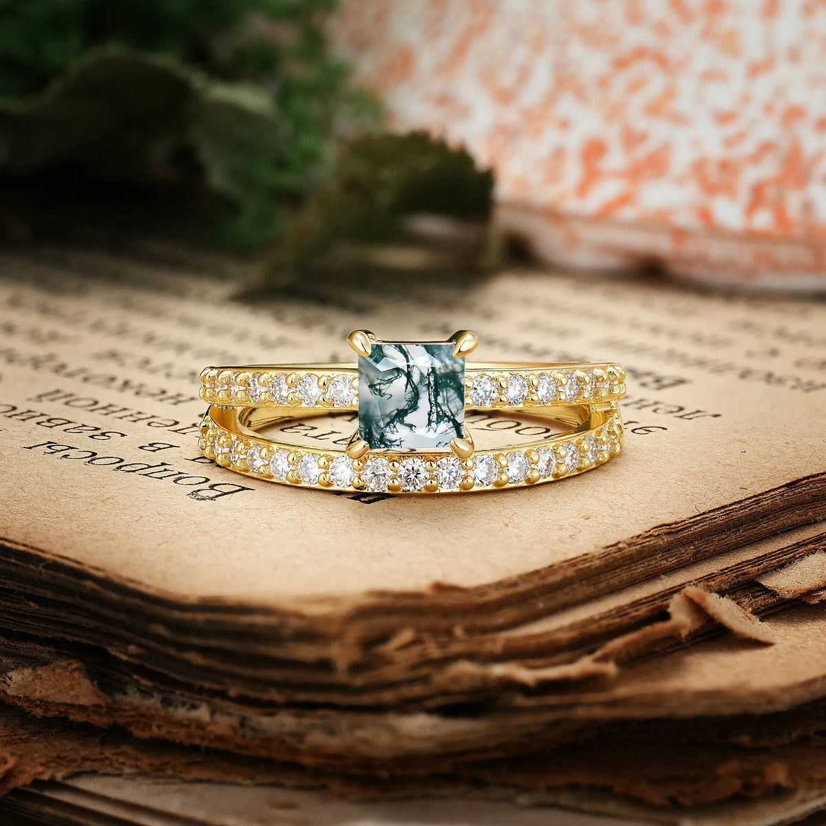 Luxurious Double-Row Diamond, Unique 4-Prong Princess Cut Moss Agate Engagement Ring