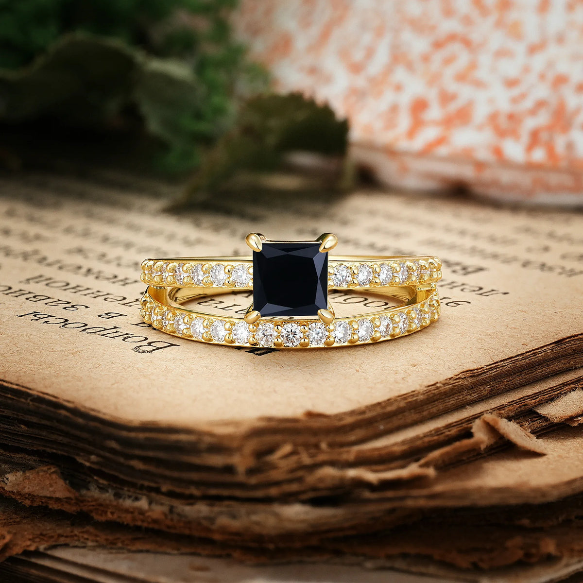 Luxurious Double-Row Diamond, Unique 4-Prong Princess Cut Black Onyx Engagement Ring