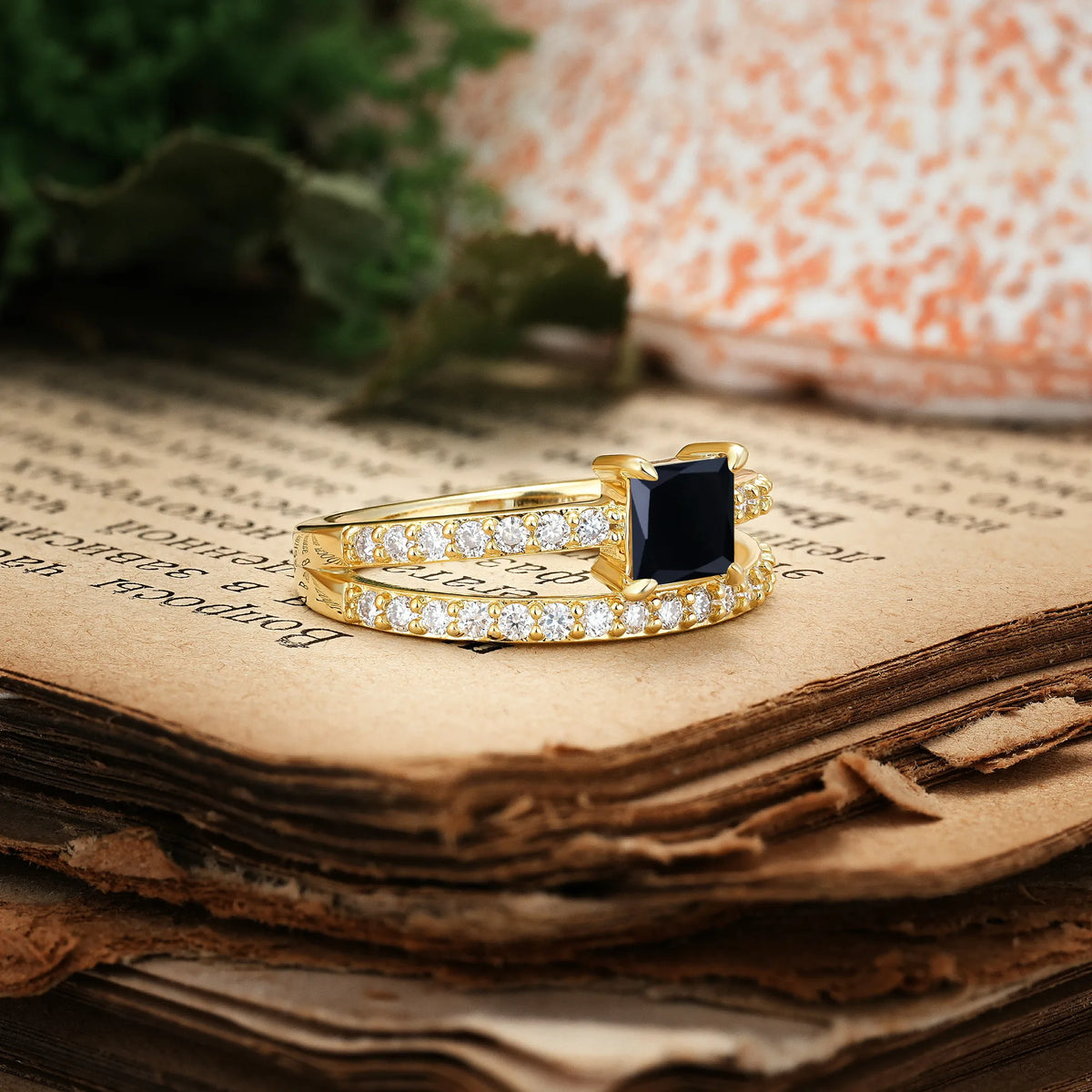 Luxurious Double-Row Diamond, Unique 4-Prong Princess Cut Black Onyx Engagement Ring