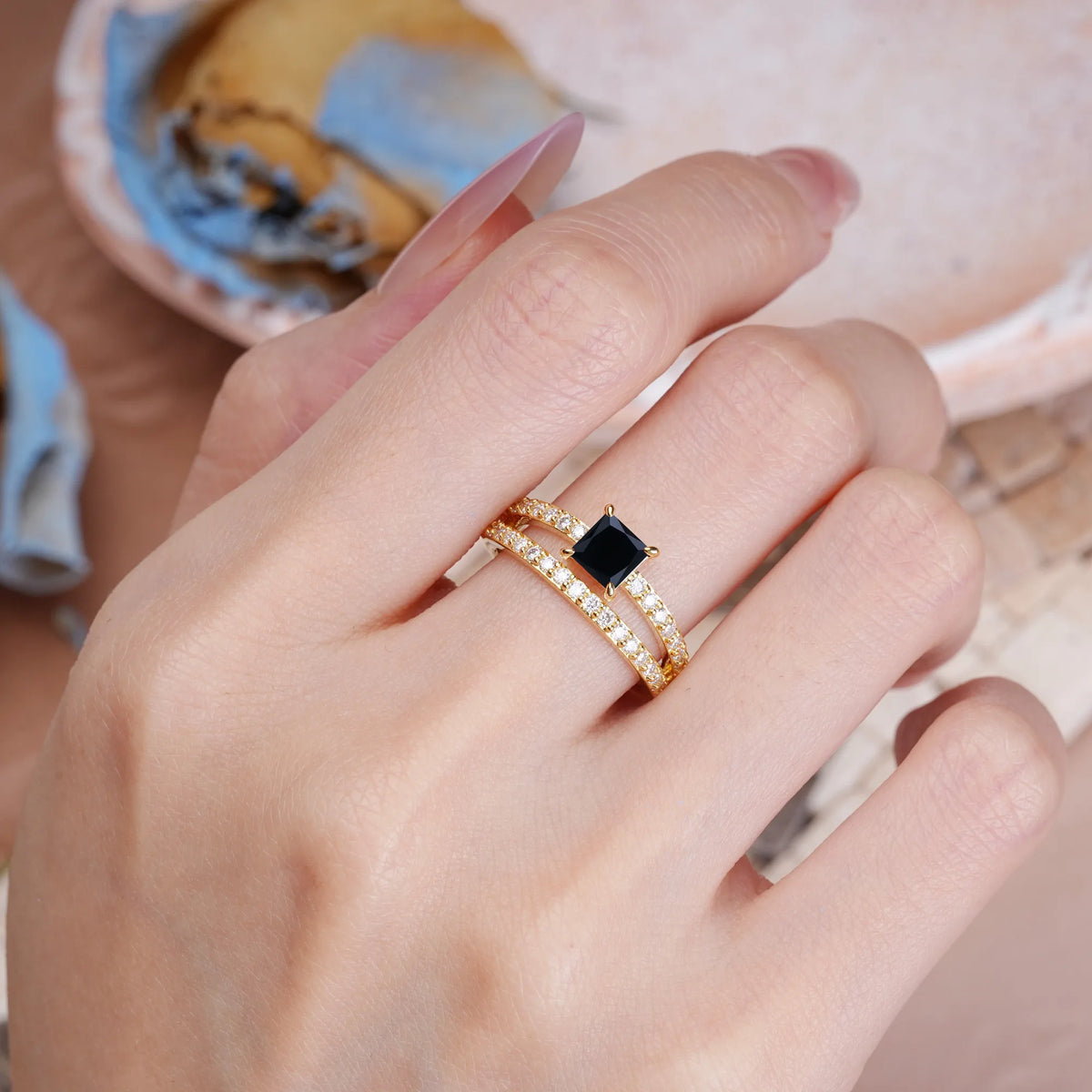 Princess Cut Black Onyx Luxurious Double-Row Diamond, Unique 4-Prong Engagement Ring