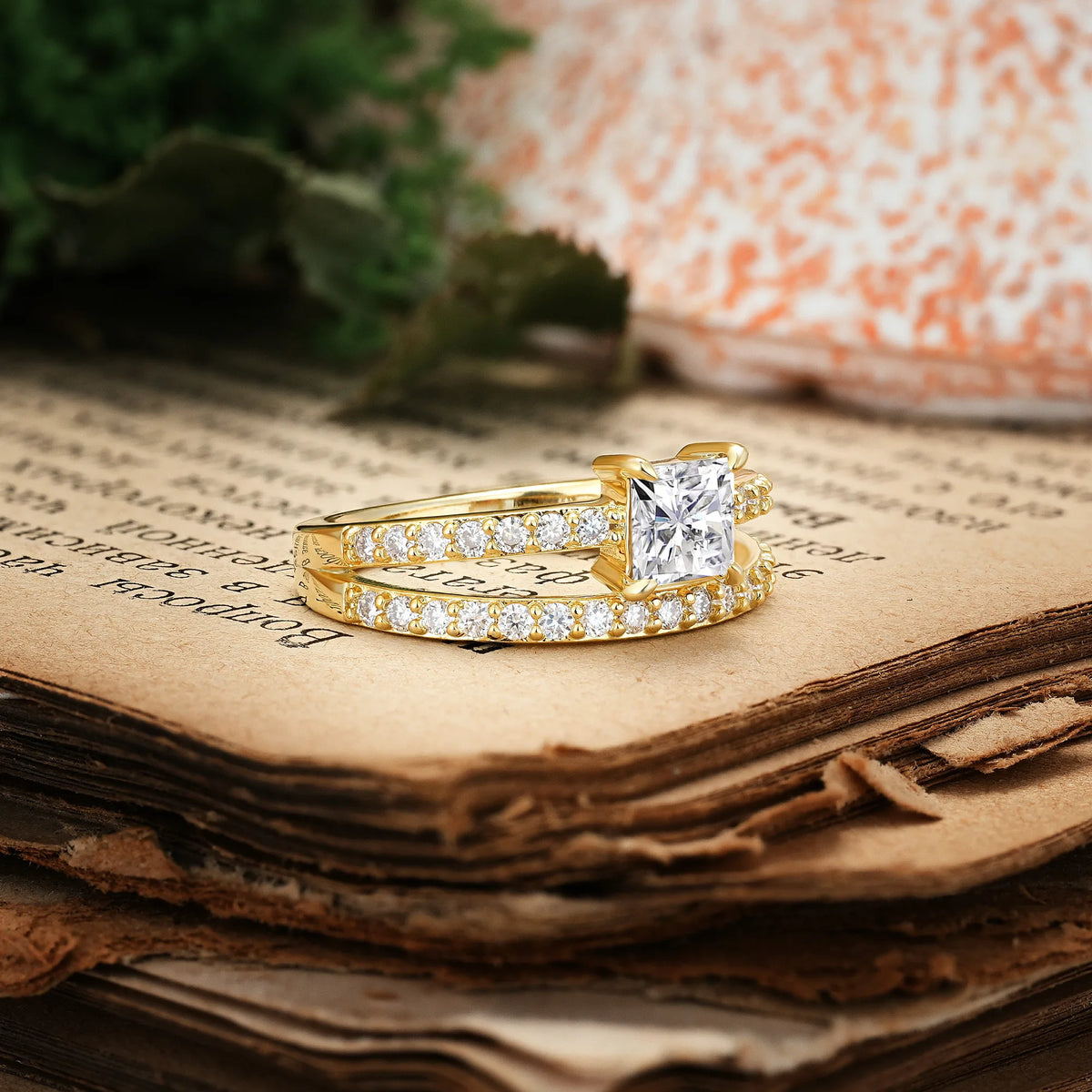 Luxurious Double-Row Diamond, Unique 4-Prong Princess Cut Lab Diamond Engagement Ring