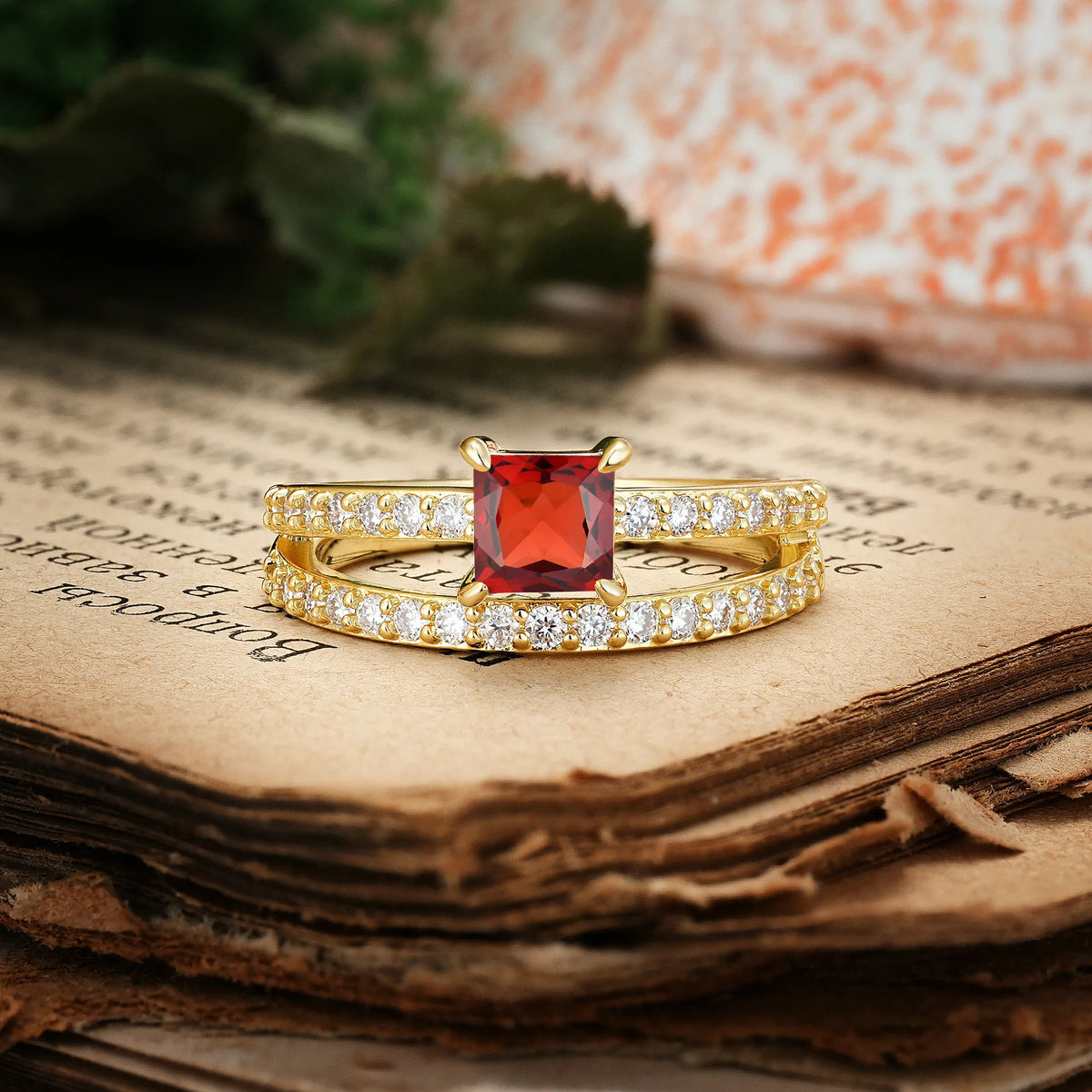 Luxurious Double-Row Diamond, Unique 4-Prong Princess Cut Garnet Engagement Ring