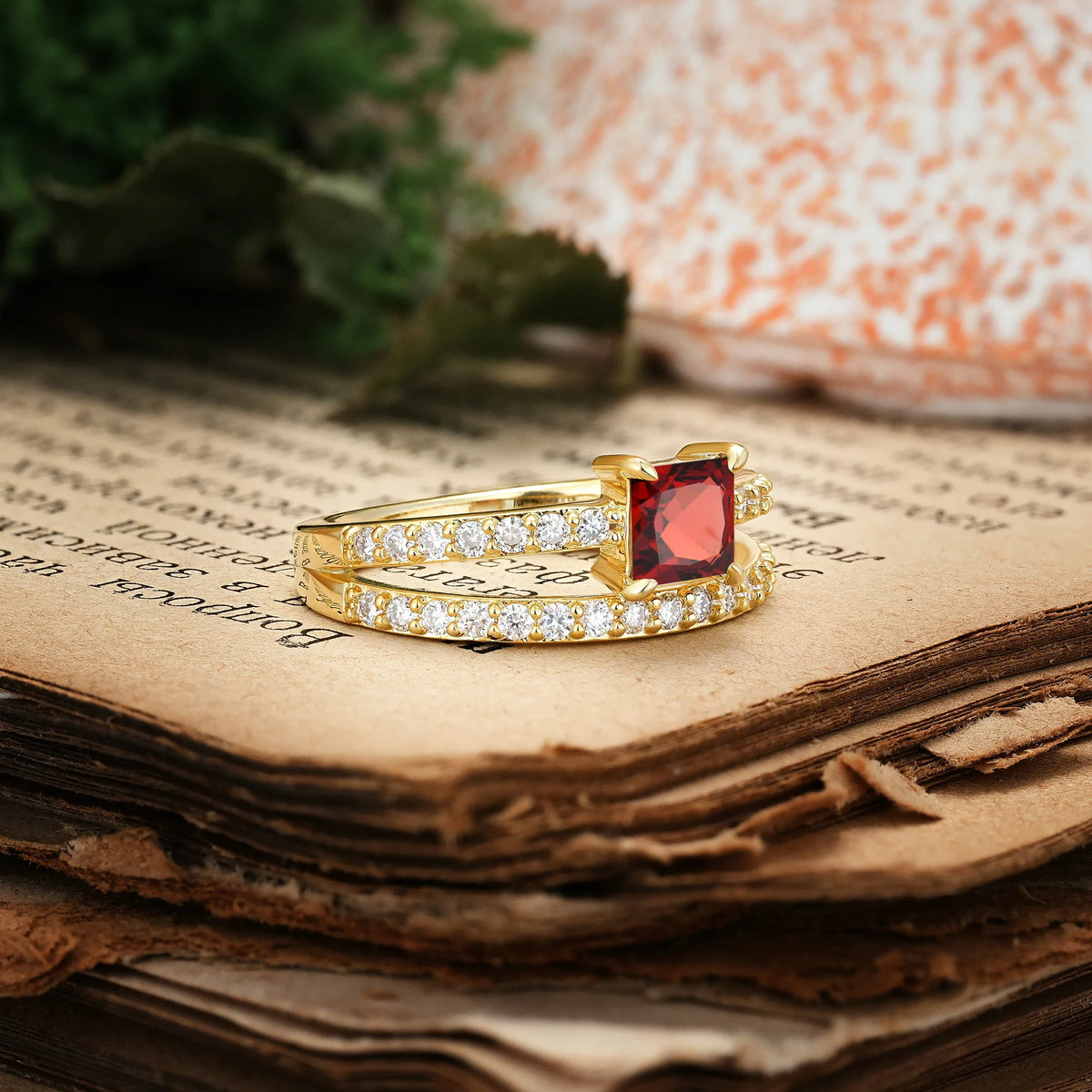 Luxurious Double-Row Diamond, Unique 4-Prong Princess Cut Garnet Engagement Ring