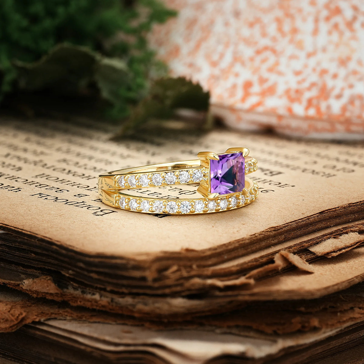 Luxurious Double-Row Diamond, Unique 4-Prong Princess Cut Amethyst Engagement Ring