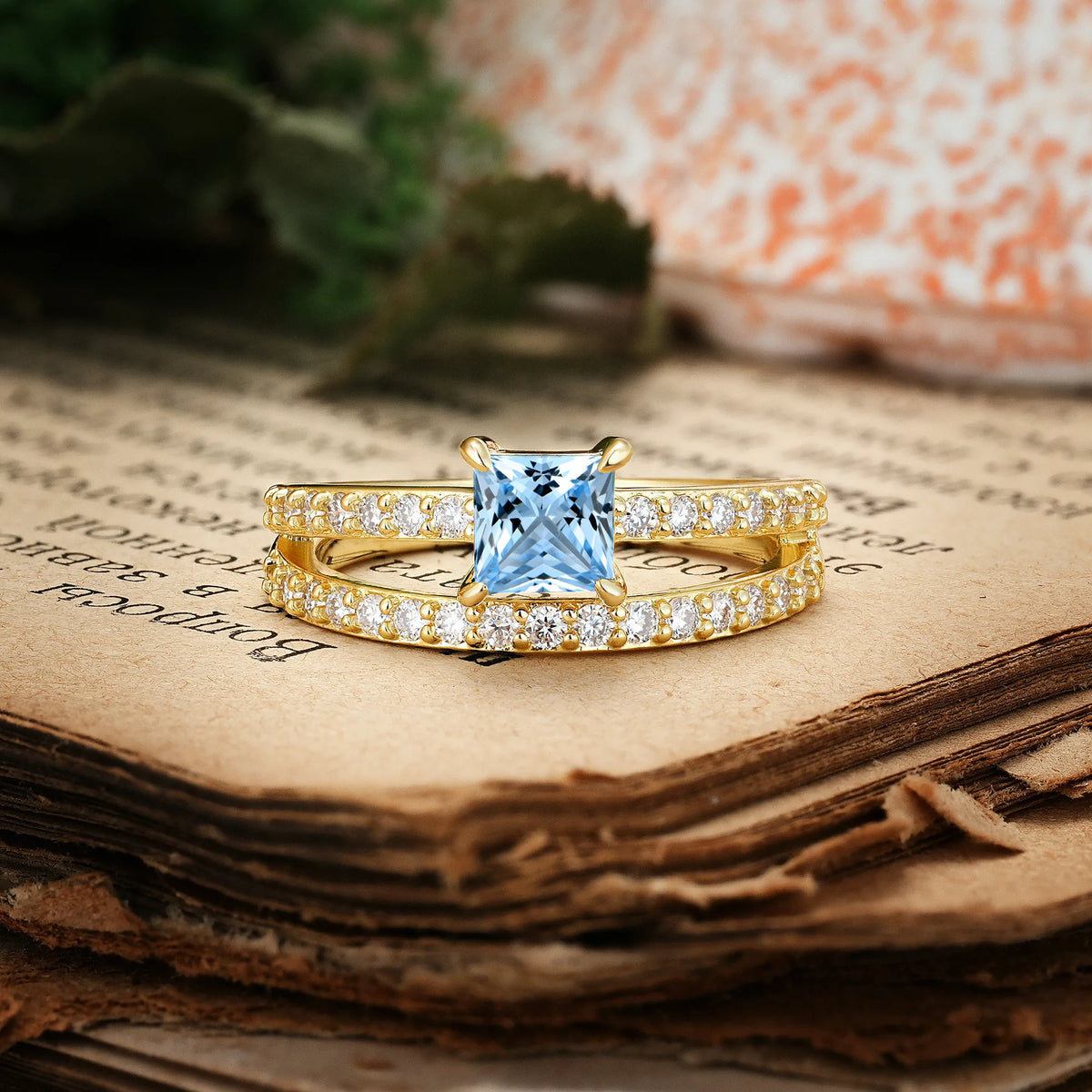 Luxurious Double-Row Diamond, Unique 4-Prong Princess Cut Aquamarine Engagement Ring