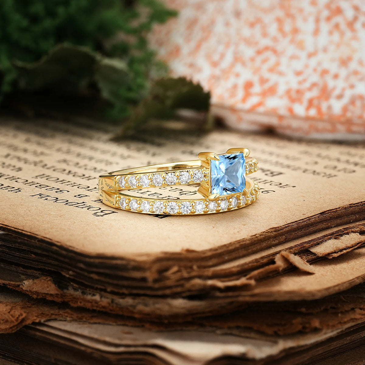 Luxurious Double-Row Diamond, Unique 4-Prong Princess Cut Aquamarine Engagement Ring