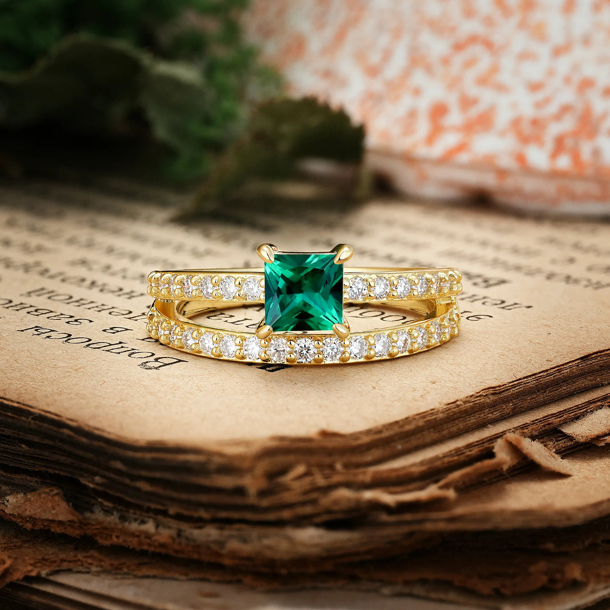 Luxurious Double-Row Diamond, Unique 4-Prong Princess Cut Emerald Engagement Ring