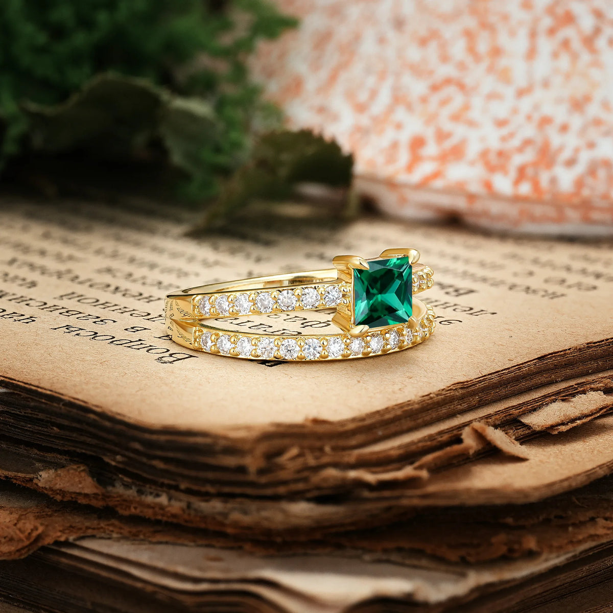 Luxurious Double-Row Diamond, Unique 4-Prong Princess Cut Emerald Engagement Ring