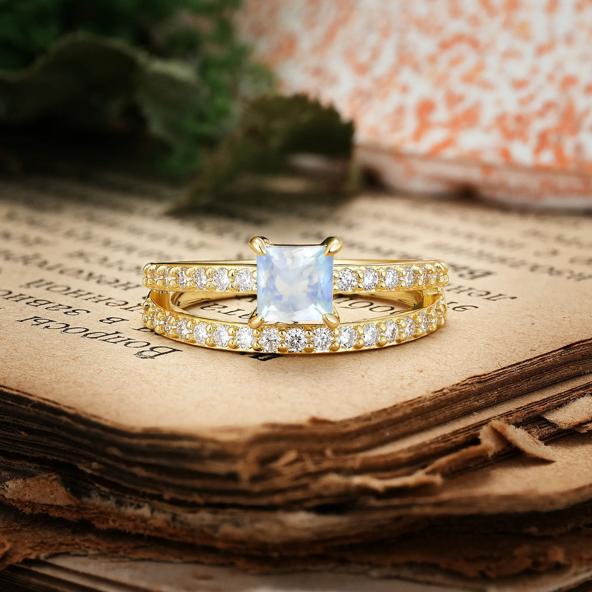 Luxurious Double-Row Diamond, Unique 4-Prong Princess Cut Moonstone Engagement Ring