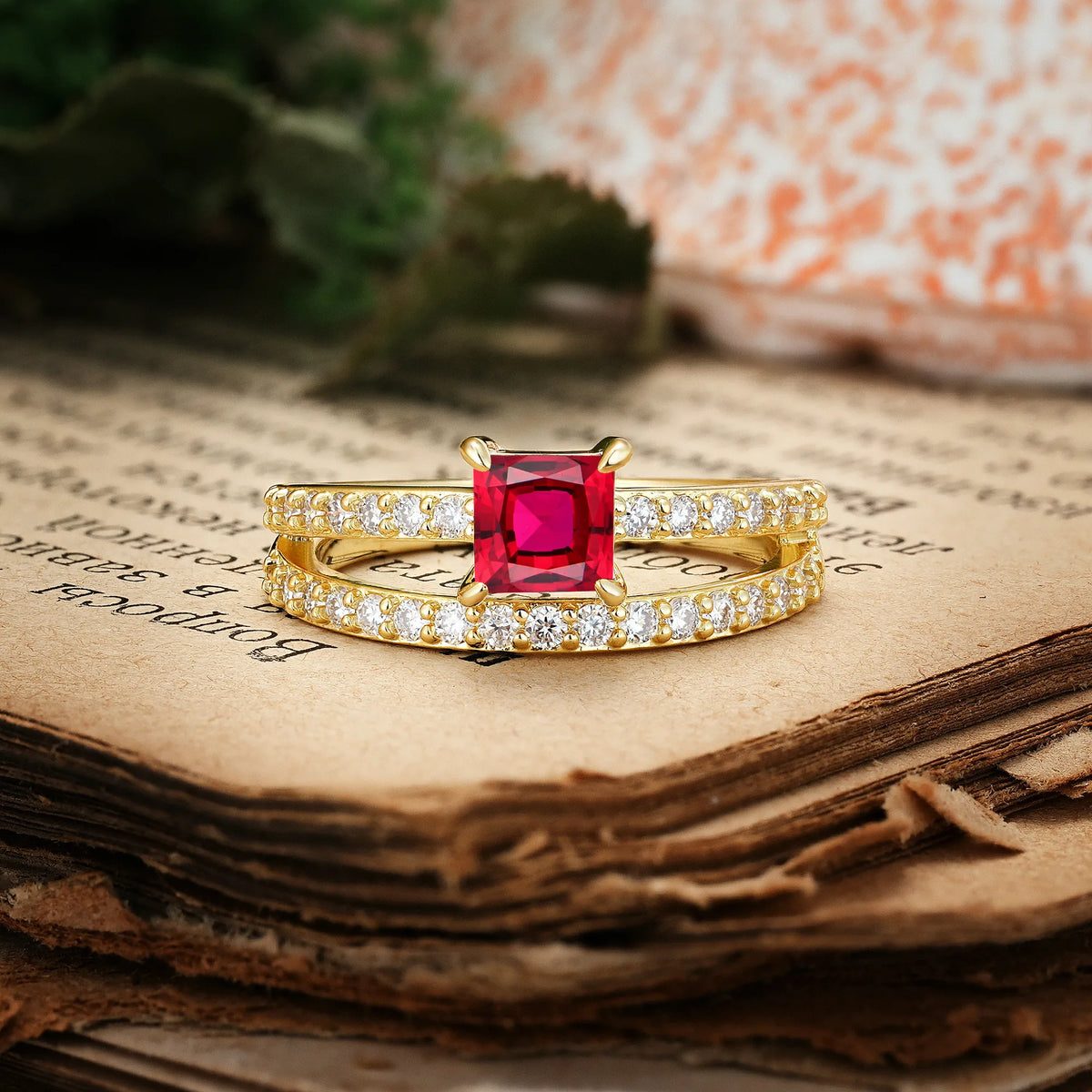 Luxurious Double-Row Diamond, Unique 4-Prong Princess Cut Ruby Engagement Ring