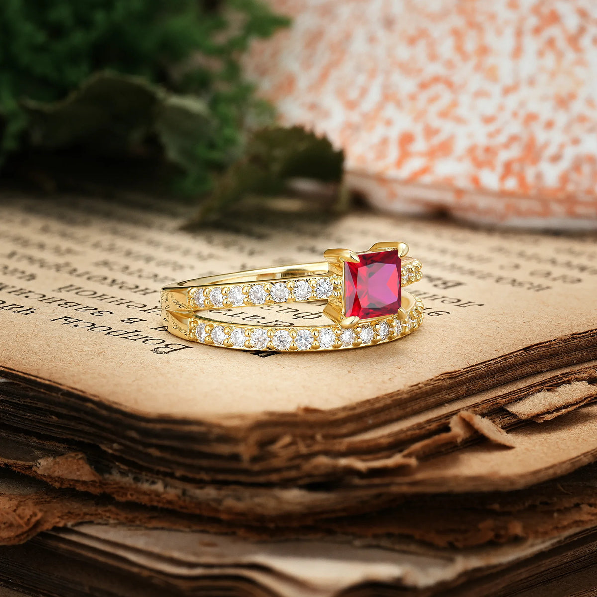 Luxurious Double-Row Diamond, Unique 4-Prong Princess Cut Ruby Engagement Ring