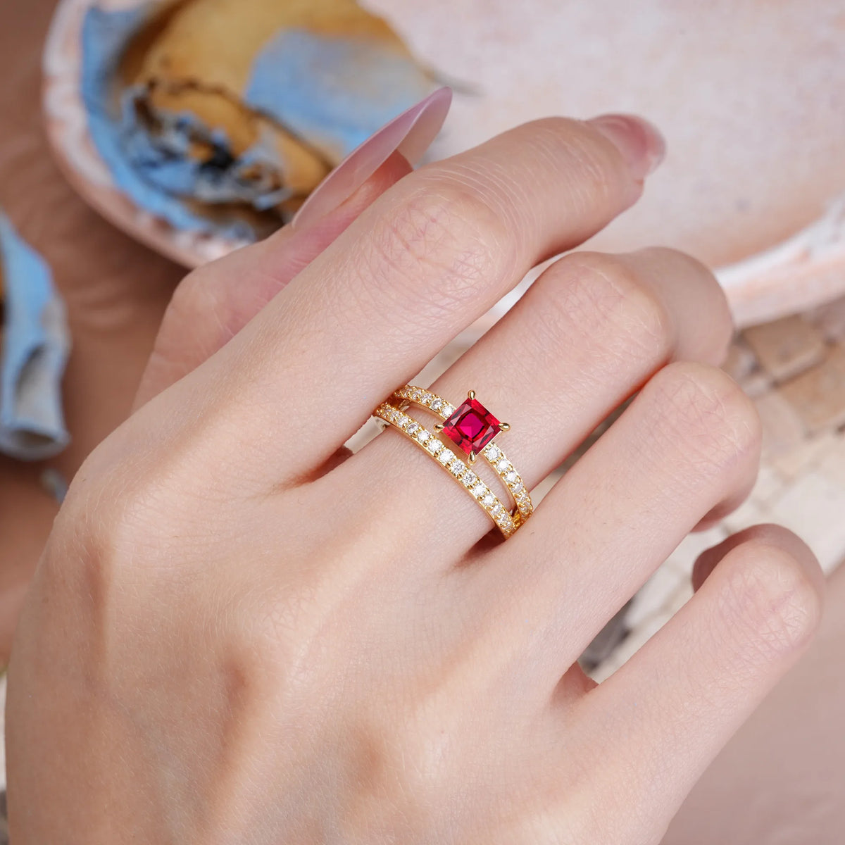 Princess Cut Ruby Luxurious Double-Row Diamond, Unique 4-Prong Engagement Ring