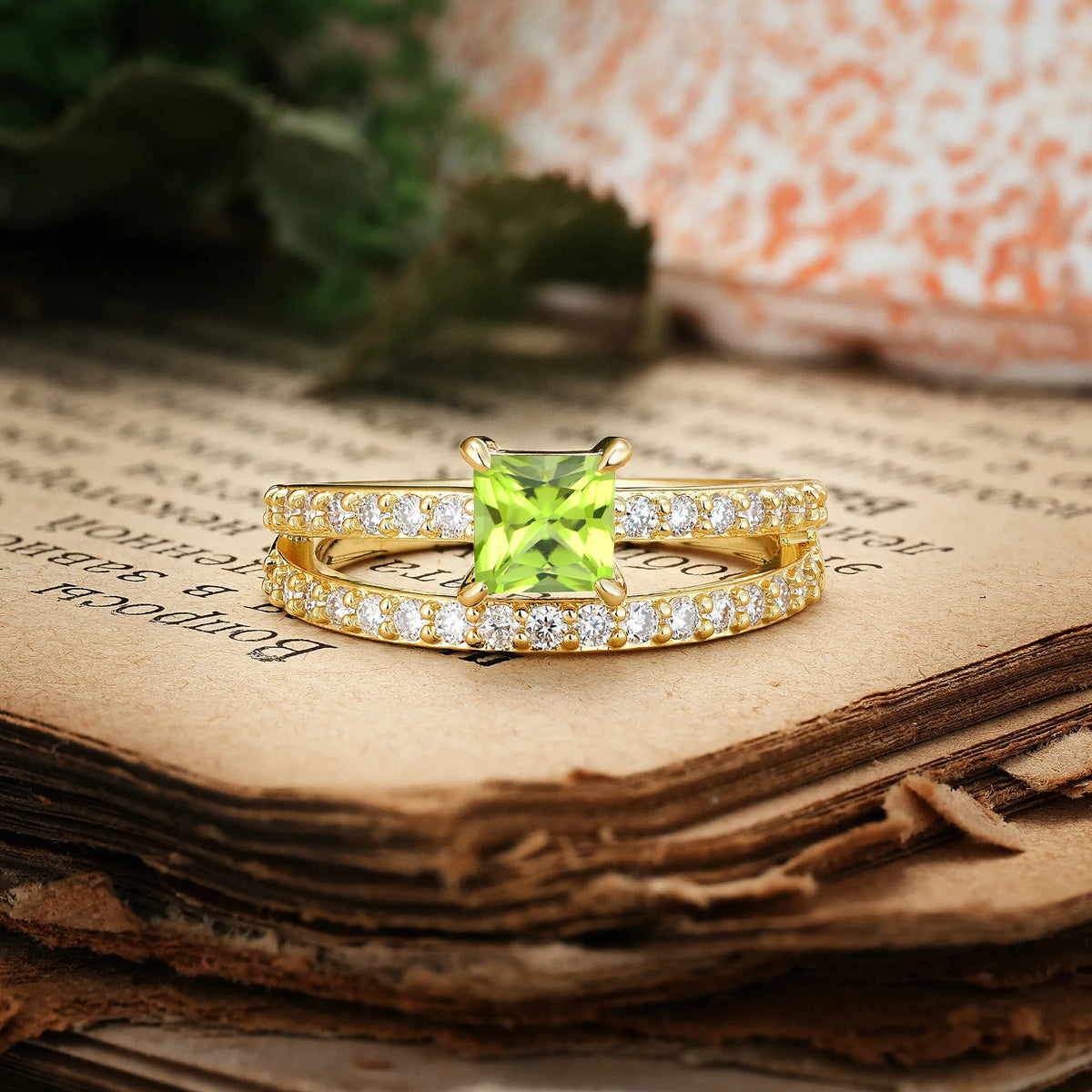 Luxurious Double-Row Diamond, Unique 4-Prong Princess Cut Peridot Engagement Ring