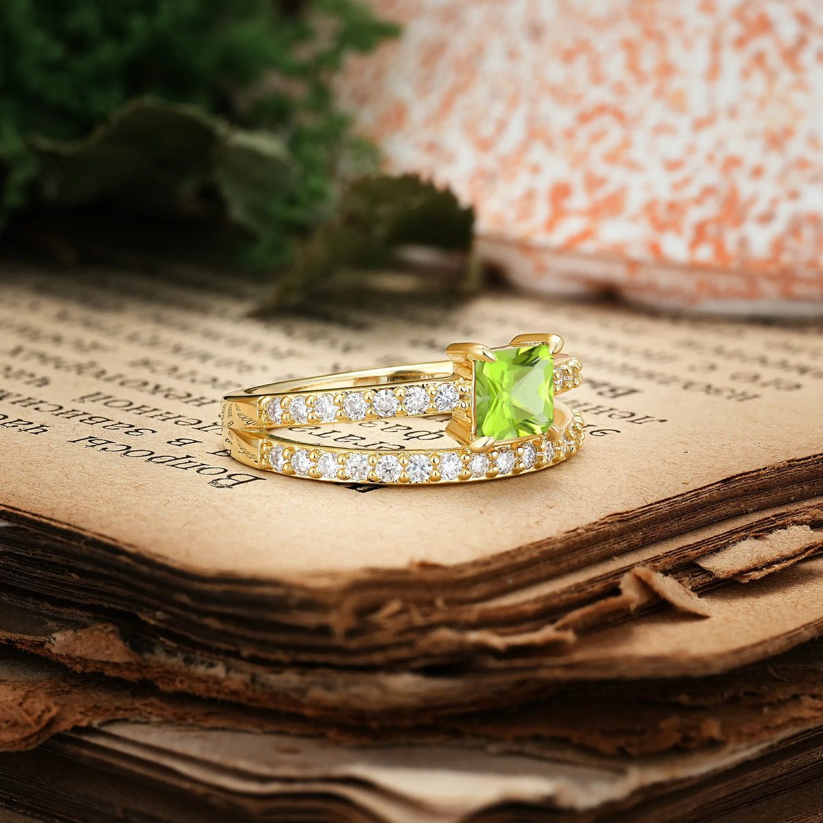 Luxurious Double-Row Diamond, Unique 4-Prong Princess Cut Peridot Engagement Ring