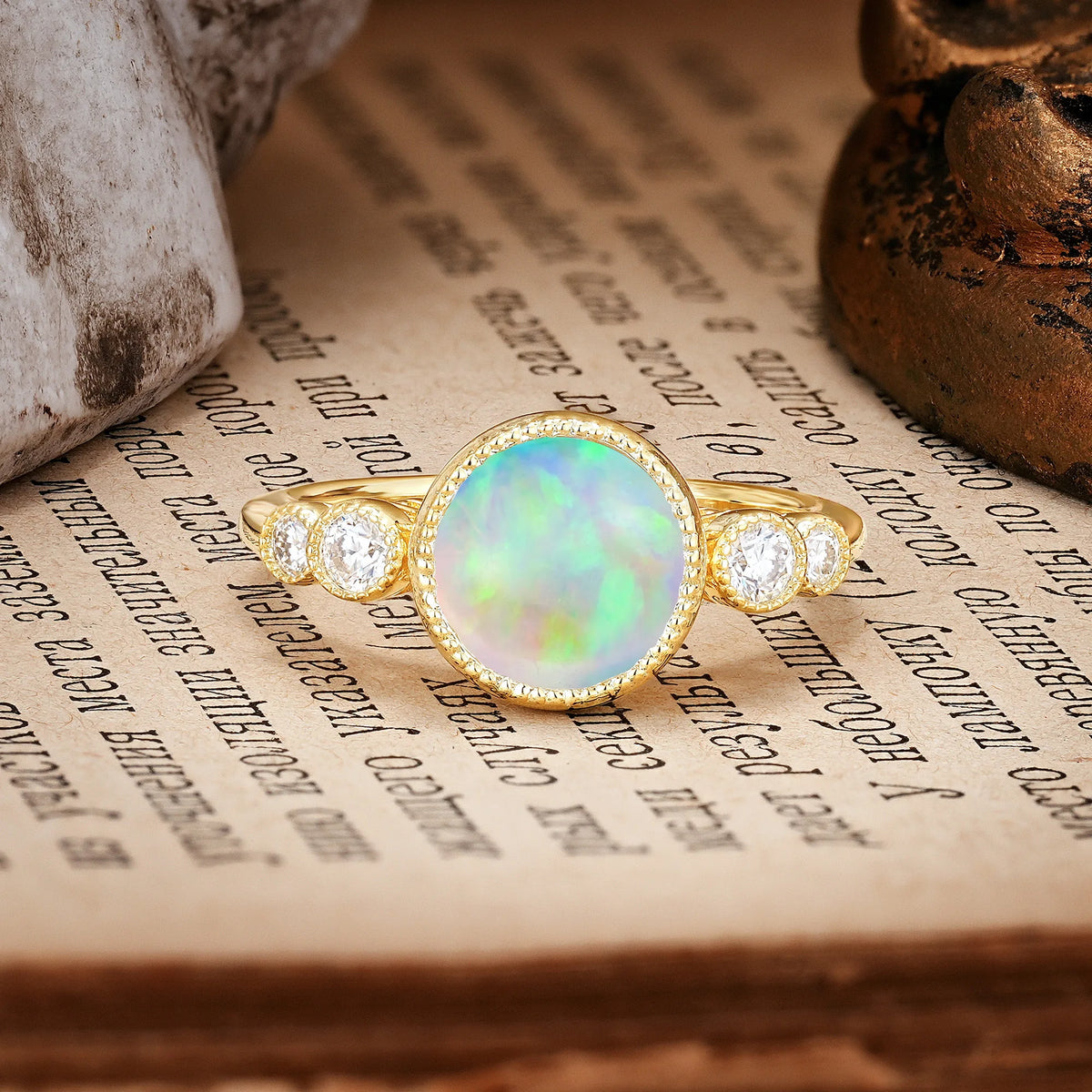 Classic Luxury Inset Round Cut Fire Opal Engagement Ring