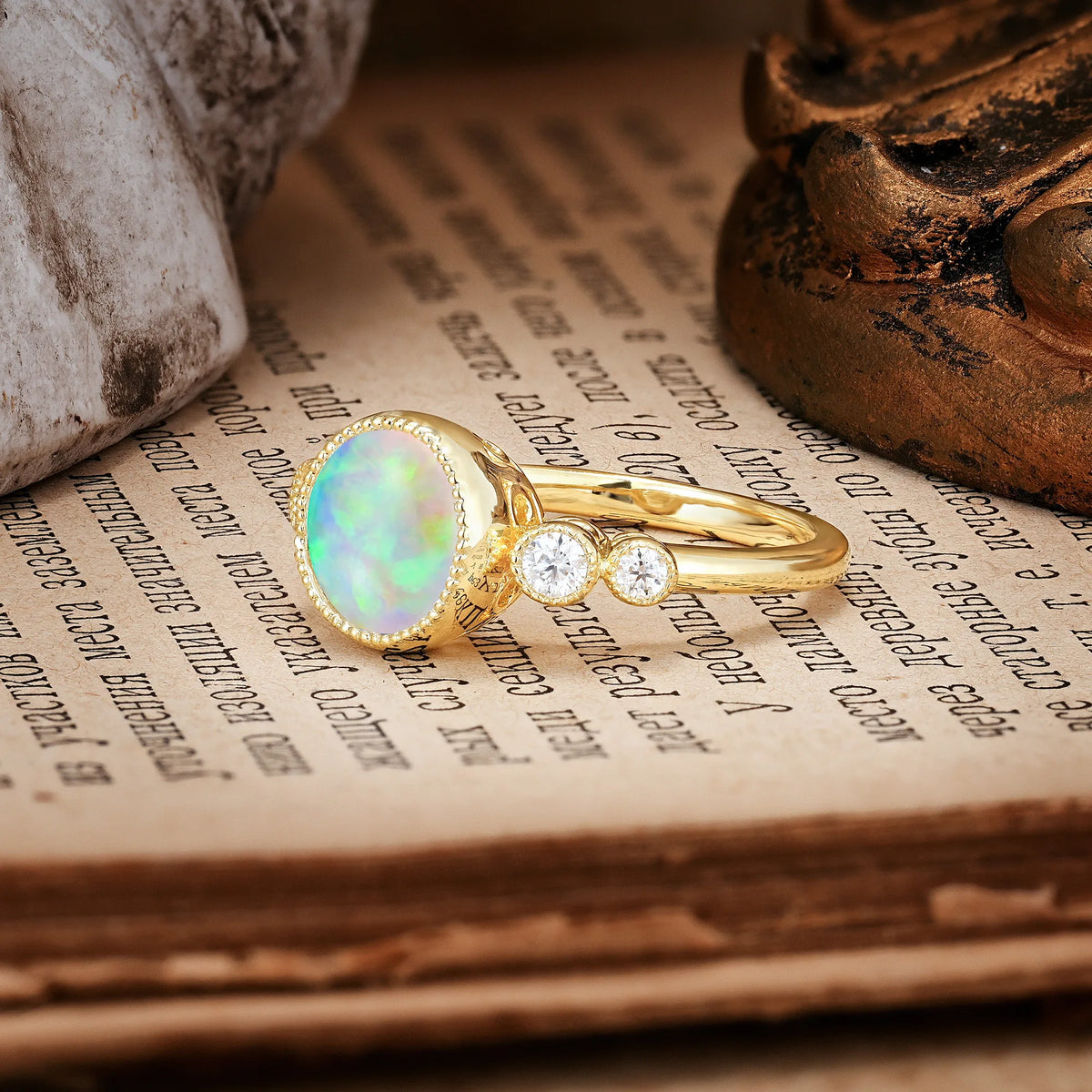 Classic Luxury Inset Round Cut Fire Opal Engagement Ring