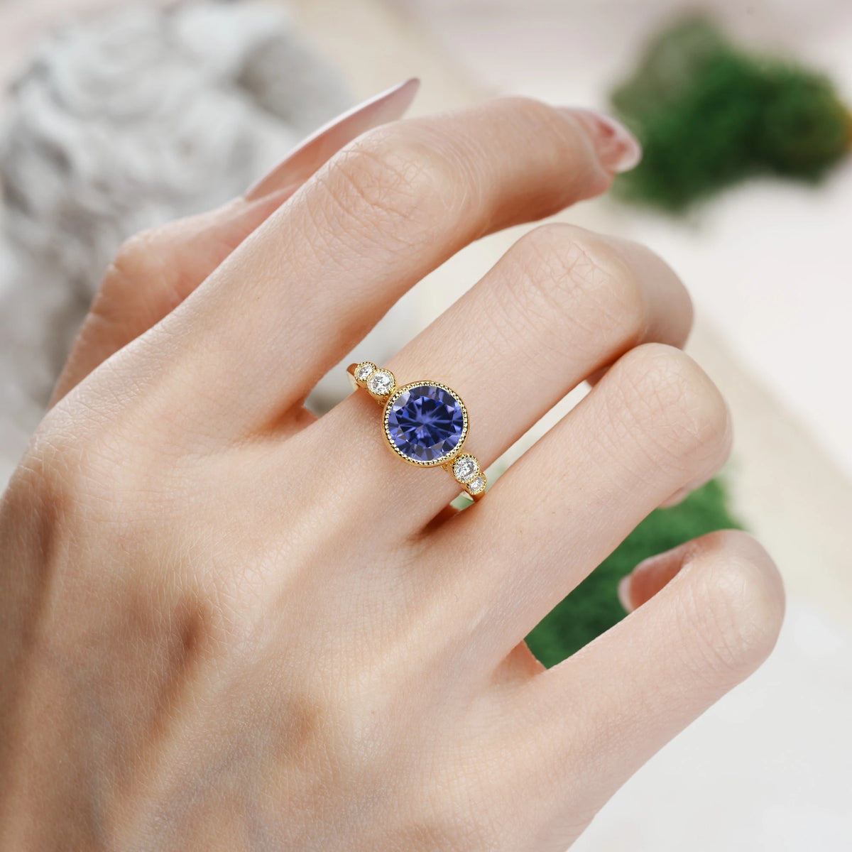 Round Cut Tanzanite Classic Luxury Inset Engagement Ring