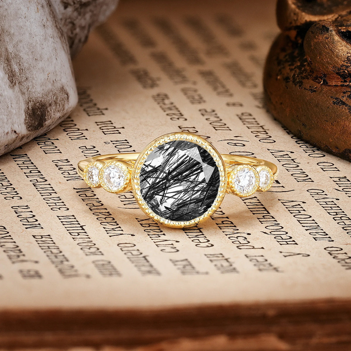 Classic Luxury Inset Round Cut Black Rutilated Quartz Engagement Ring