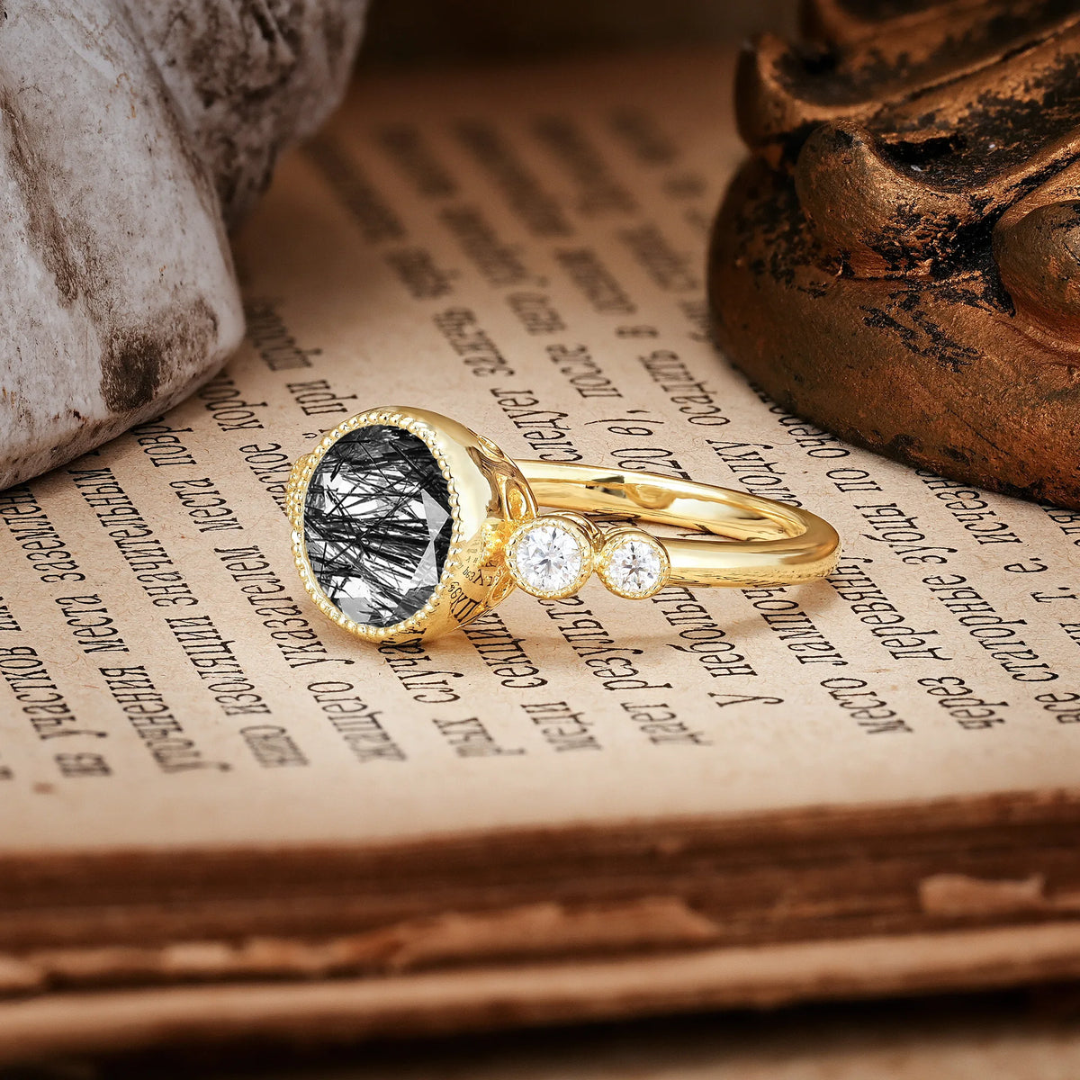 Classic Luxury Inset Round Cut Black Rutilated Quartz Engagement Ring