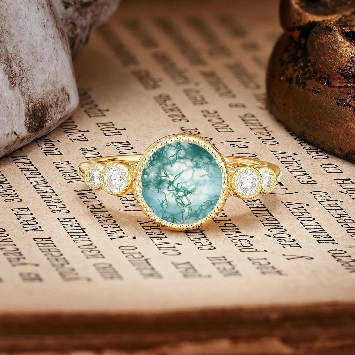 Classic Luxury Inset Round Cut Moss Agate Engagement Ring