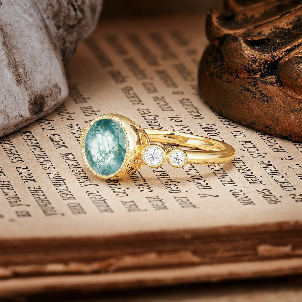 Classic Luxury Inset Round Cut Moss Agate Engagement Ring