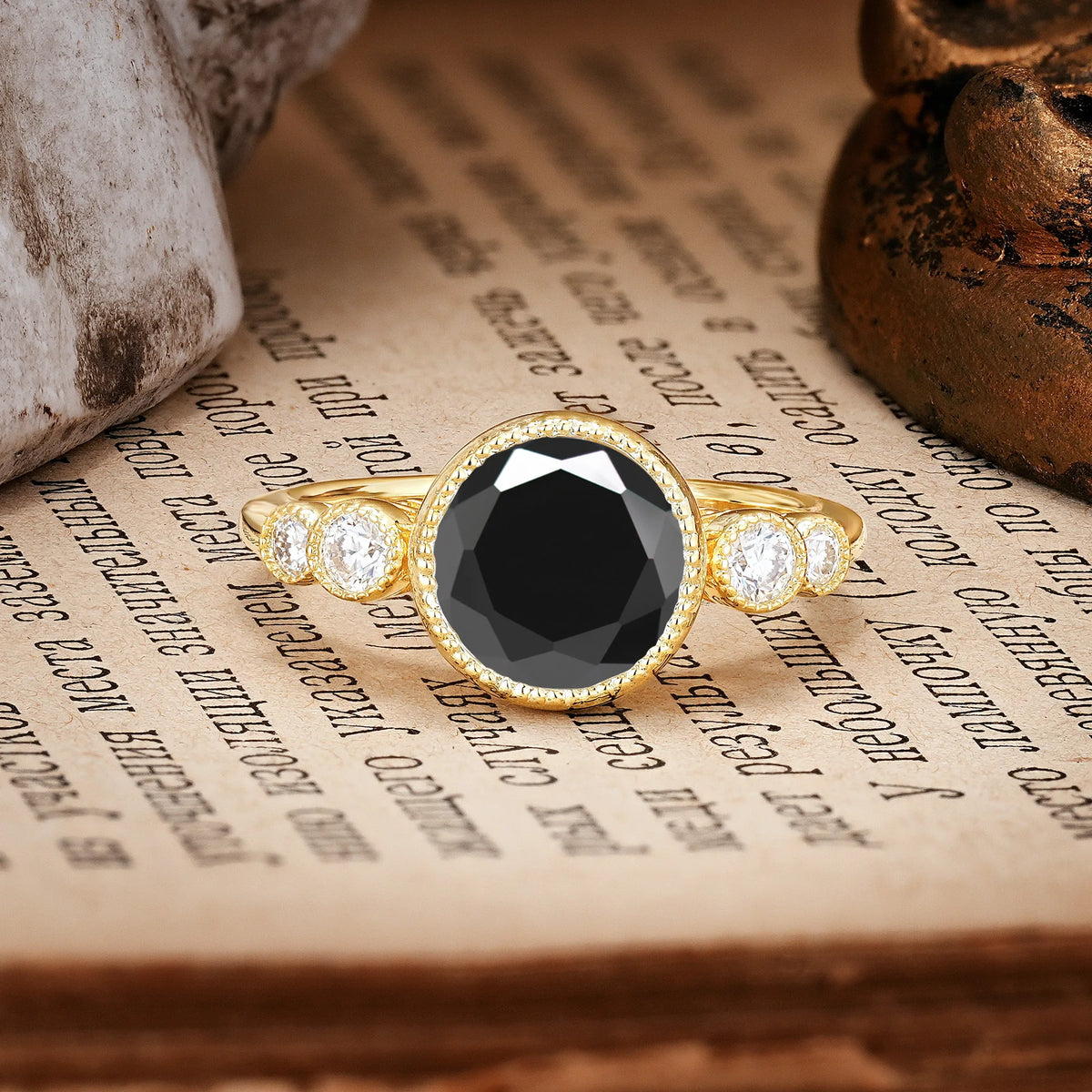 Classic Luxury Inset Round Cut Black Onyx Engagement Ring