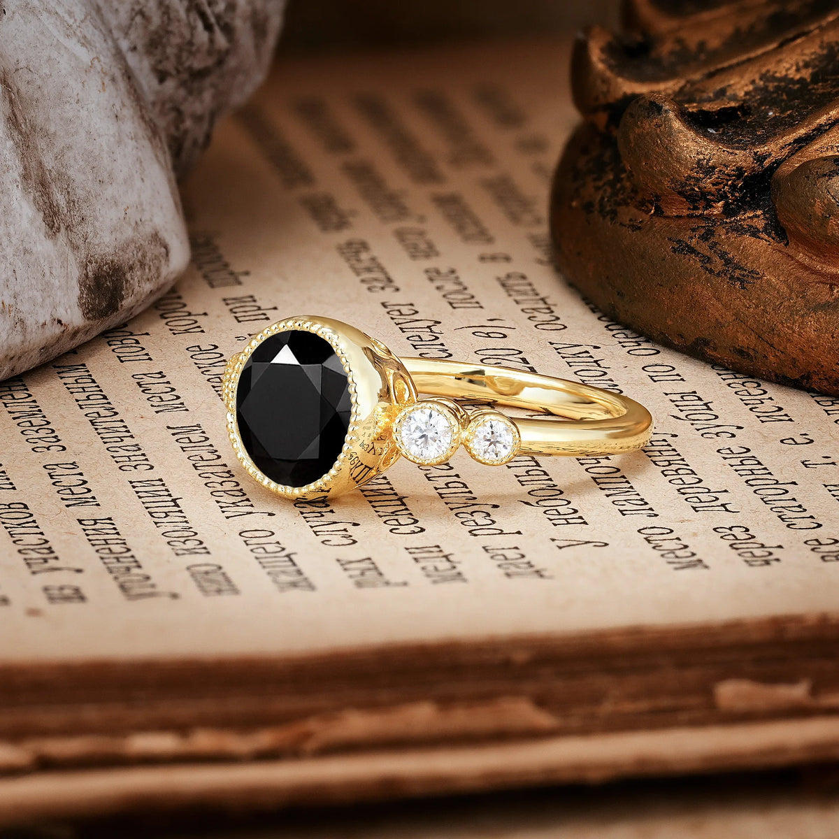 Classic Luxury Inset Round Cut Black Onyx Engagement Ring