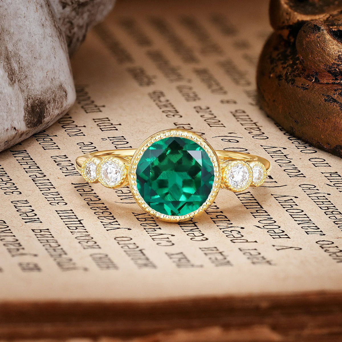 Classic Luxury Inset Round Cut Emerald Engagement Ring