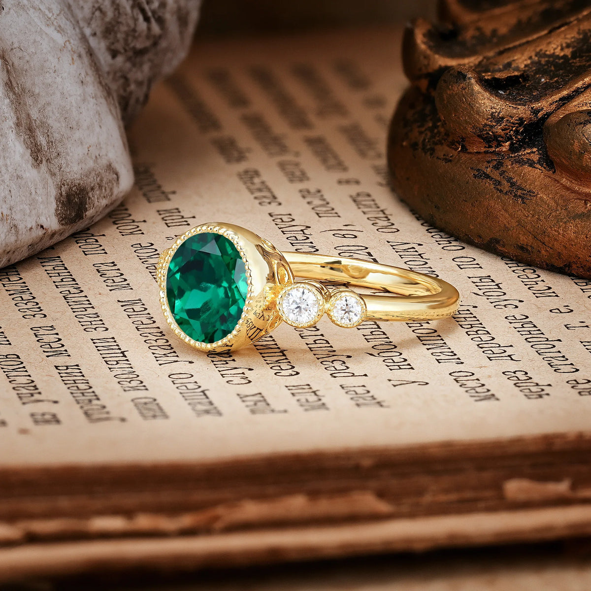 Classic Luxury Inset Round Cut Emerald Engagement Ring