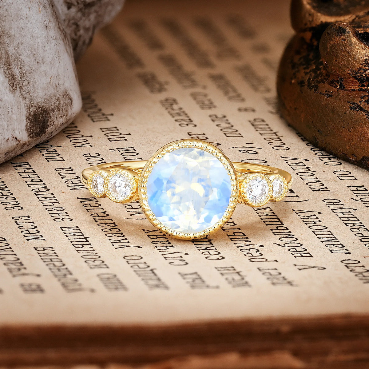 Classic Luxury Inset Round Cut Moonstone Engagement Ring