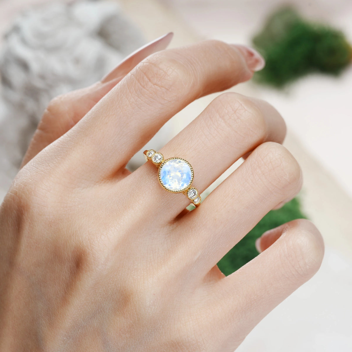 Round Cut Moonstone Classic Luxury Inset Engagement Ring