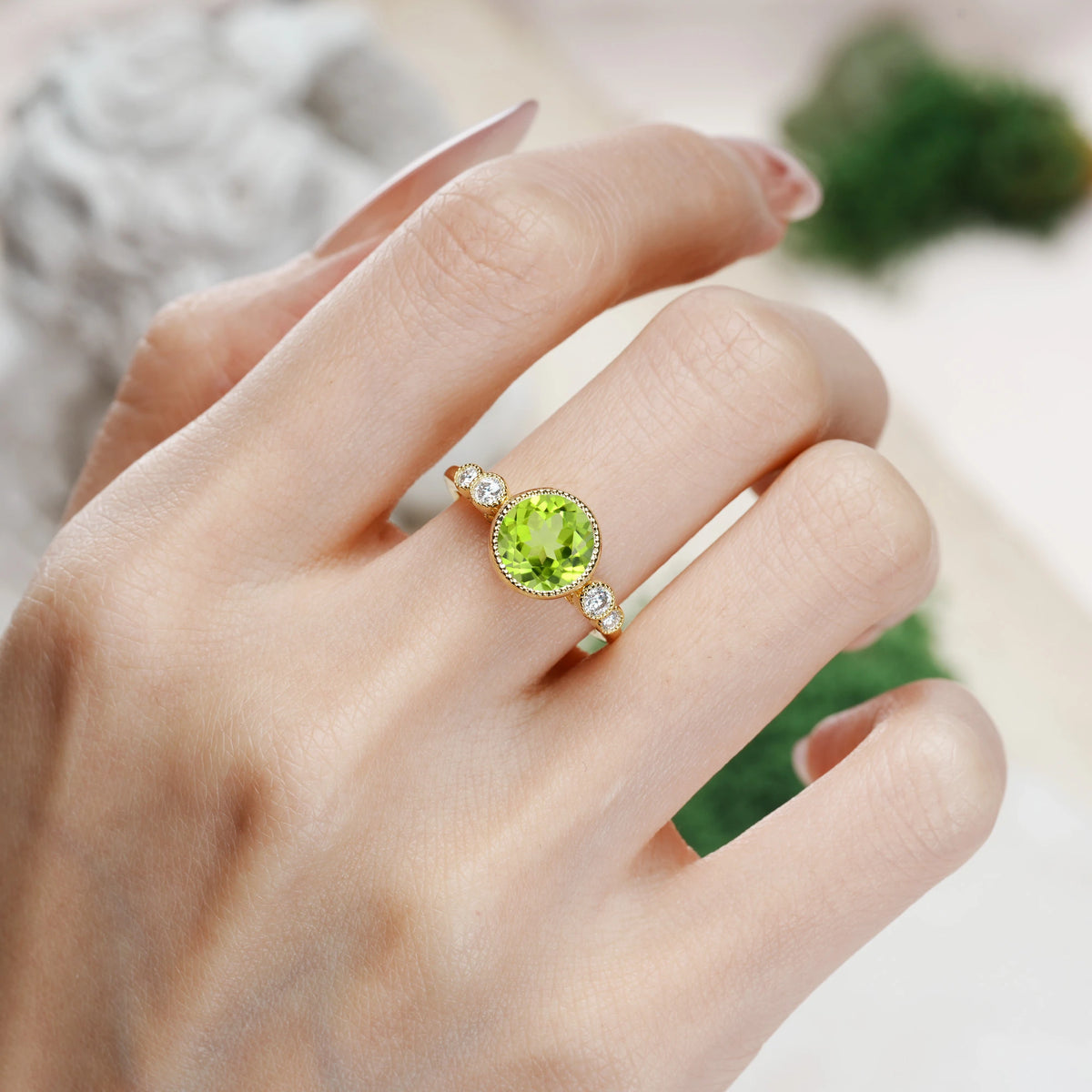 Round Cut Peridot Classic Luxury Inset Engagement Ring
