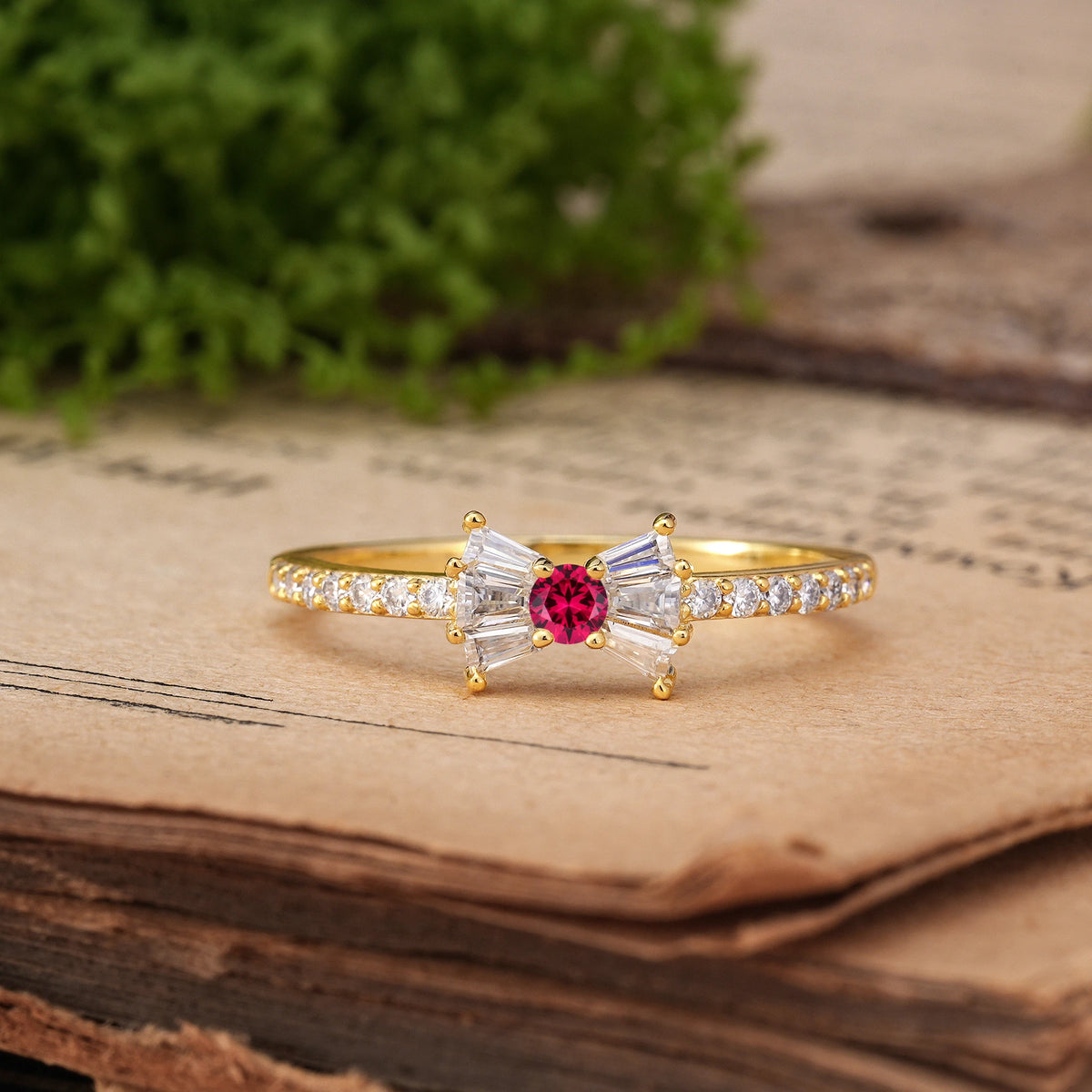 Round Cut Ruby Luxurious Pavé-Set Diamonds, Unique Butterfly-Shaped 4-Prong Setting Promise Ring