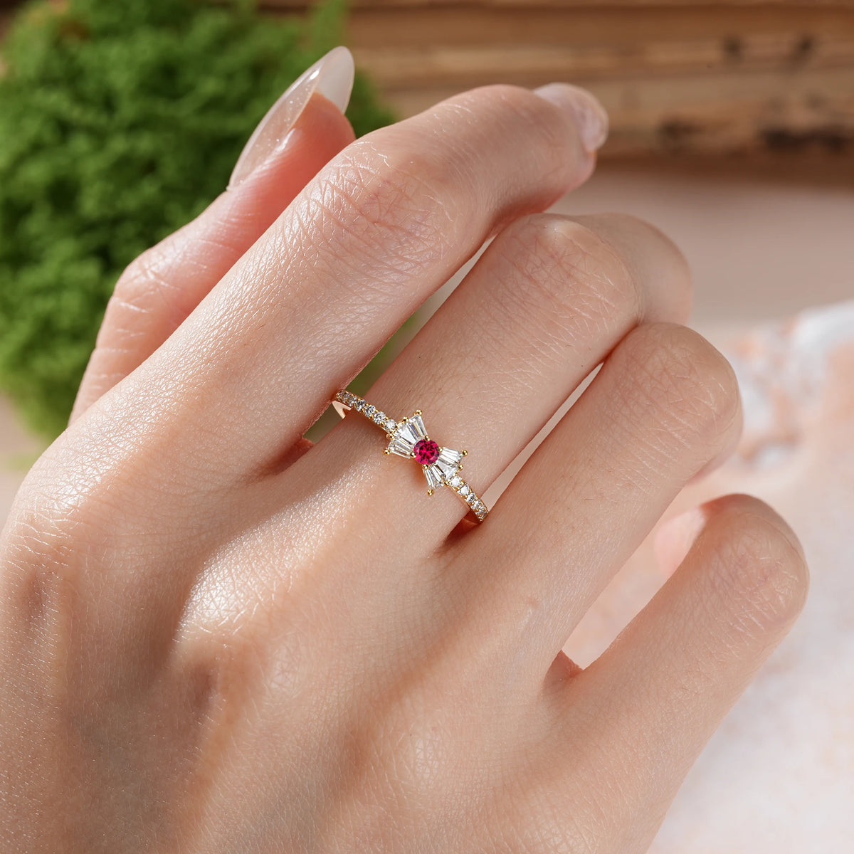 Round Cut Ruby Luxurious Pavé-Set Diamonds, Unique Butterfly-Shaped 4-Prong Setting Promise Ring