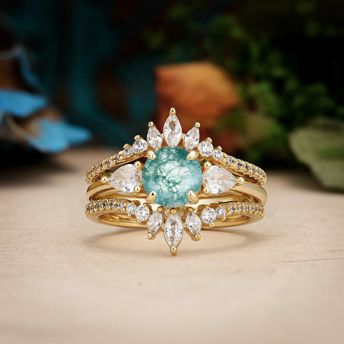 Round Cut Moss Agate Radiant Marquise Accent Bridal Ring Set