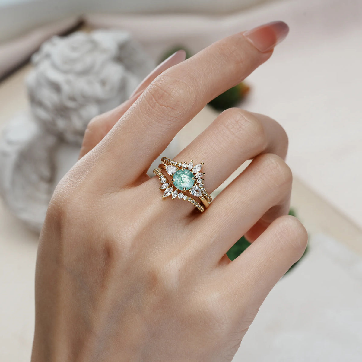 Round Cut Moss Agate Radiant Marquise Accent Bridal Ring Set