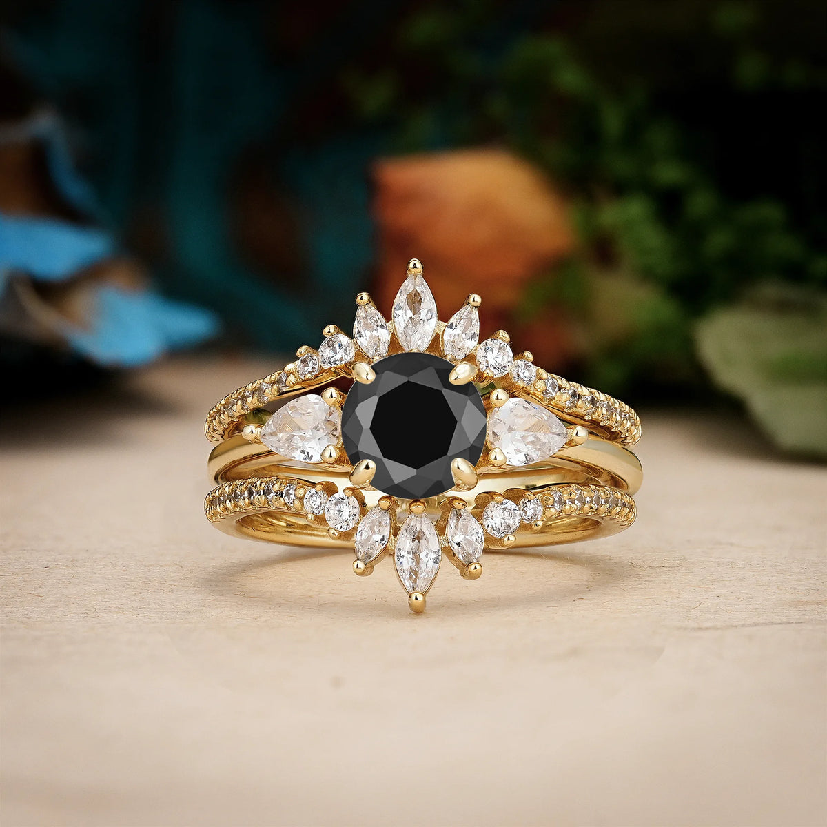 Round Cut Black Onyx Radiant Marquise Accent Bridal Ring Set