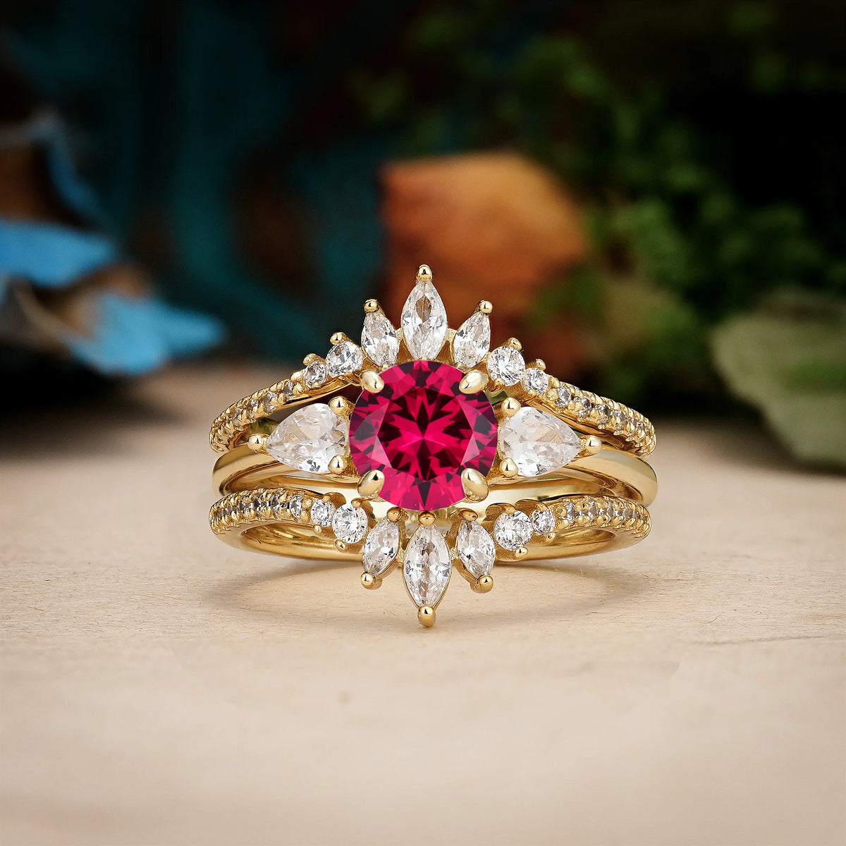 Round Cut Ruby Radiant Marquise Accent Bridal Ring Set